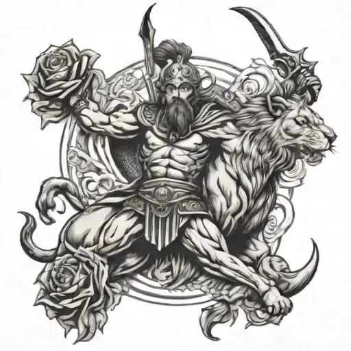  sparta warrior on top , lion roaring middle  2 roses at the bottom  tattoo design idea
