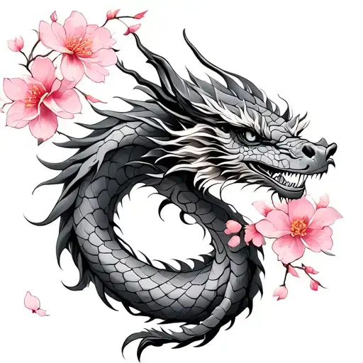 create a small light fine line tattoo with an eastern dragon with a detailed pink cherry blossoms tattoo design idea