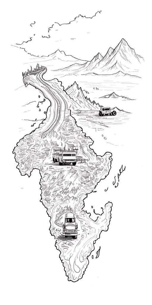 map with landmarks with road, mountains, trex fire truck, mountain bike drum set, cassette tape, book on fire, tattoo design idea