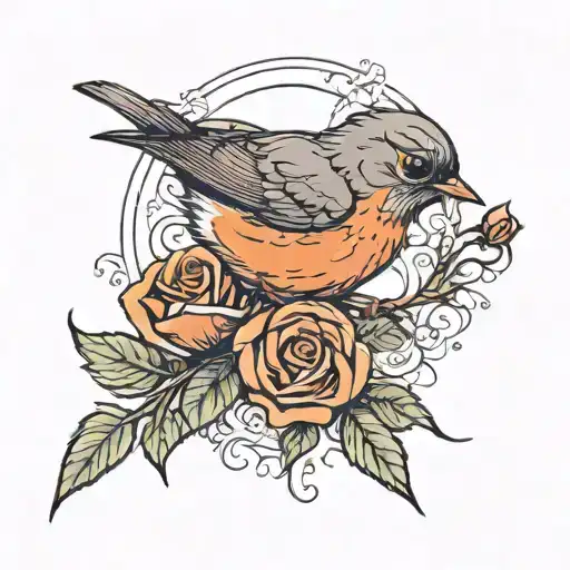 robin bird holding a rose in its mouth  tattoo design idea