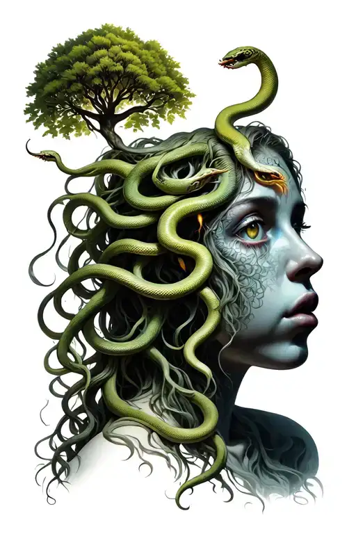 Sad medusa with semicolon iris, 9 snake heads 3 hissing, 6 calm. With a poison tree on her forehead & neda over her hear tattoo design idea