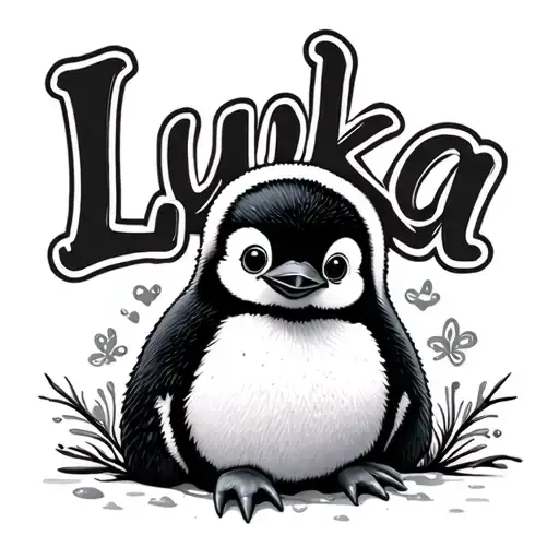 baby penguin with the name 'Luka' mixed within tattoo design idea