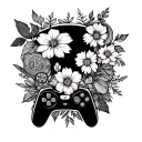 A whimsical tattoo design showcasing a blend of gaming icons and nature motifs, with an anime-inspired twist and subtle references to Italy and old school elements throughout tattoo design idea