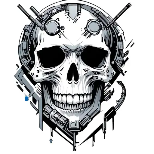 skull with cyberpunk inspired tattoo featuring iconic symbols tattoo design idea