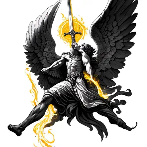 Make a tattoo of St. Michael the Archangel defeating Sat. Make the sword have golden highlights, as well as Michael' win tattoo design idea