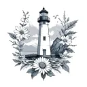lighthouse, honeysuckle, aster, ocean, wedding date, quote fineline geometric concept  tattoo design idea