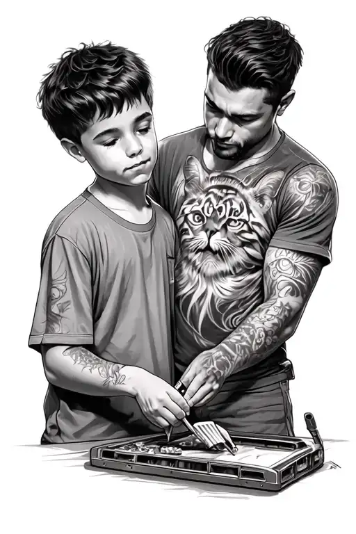 boy and his dad working on a poniac gto as a tatto sleav tattoo design idea