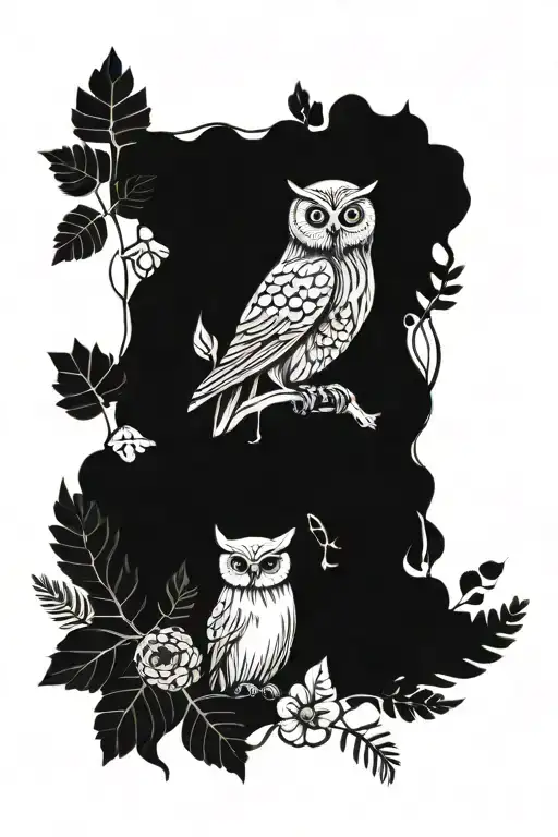 A Nature themed, dark feminine motive with Fern leaves, thimble, mushrooms, owl, , nordic Runes, includingKnotwork stlye tattoo design idea
