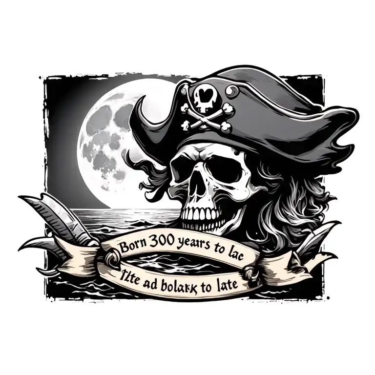 evil pirate skull with full moon rising and banner underneath that says "Born 300 years to late tattoo design idea