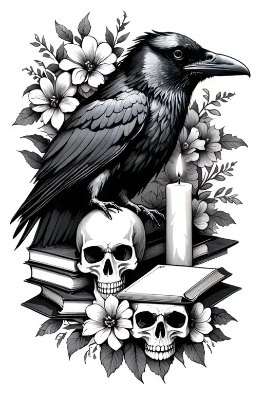 raven with books a skull and a candle with flowers tattoo design idea