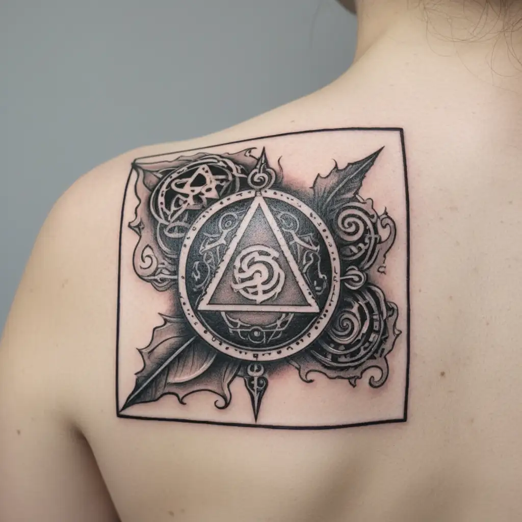 An alchemical symbol representing the balance of spirituality and culinary artistry, with a touch of punk rock edge tattoo design idea