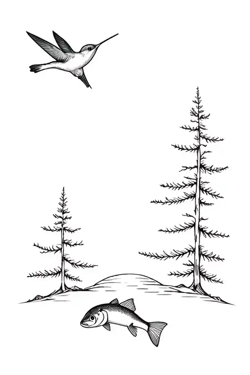 pinetree, raccoon, hummingbird, trout jumping tattoo design idea