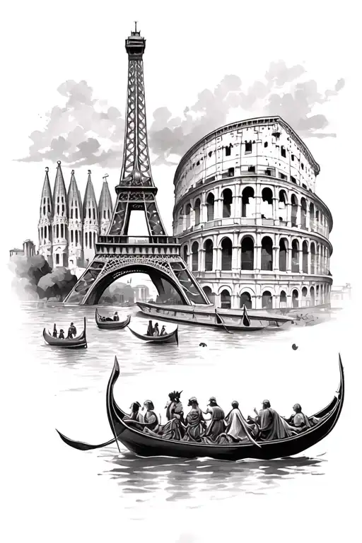 gondola eiffel tower in roman colosseum next to sagrada familia tattoo design idea