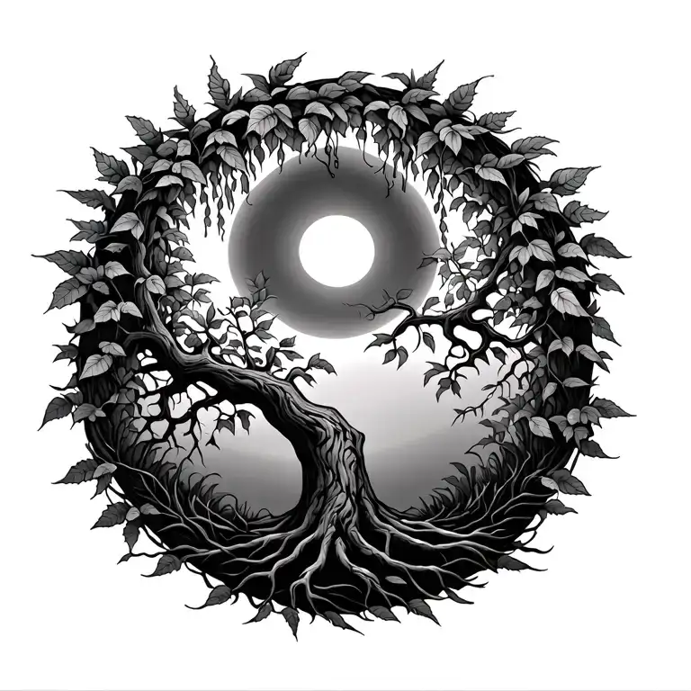 willow tree with sun and moon surrounded tattoo design idea