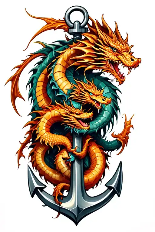 3 dragons wrapped around anchor  tattoo design idea