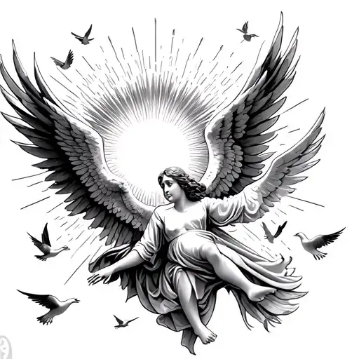 angel falling from heaven doves flying towards the sun tattoo design idea