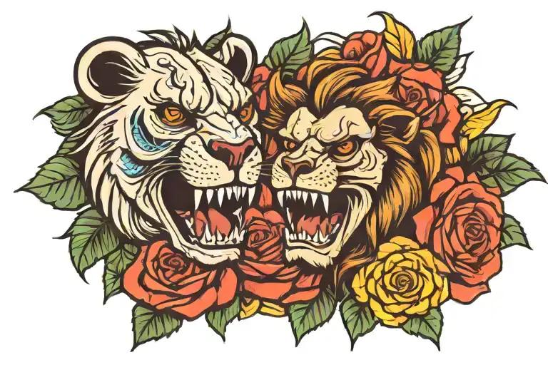 skull rose and lion roaring tattoo design idea