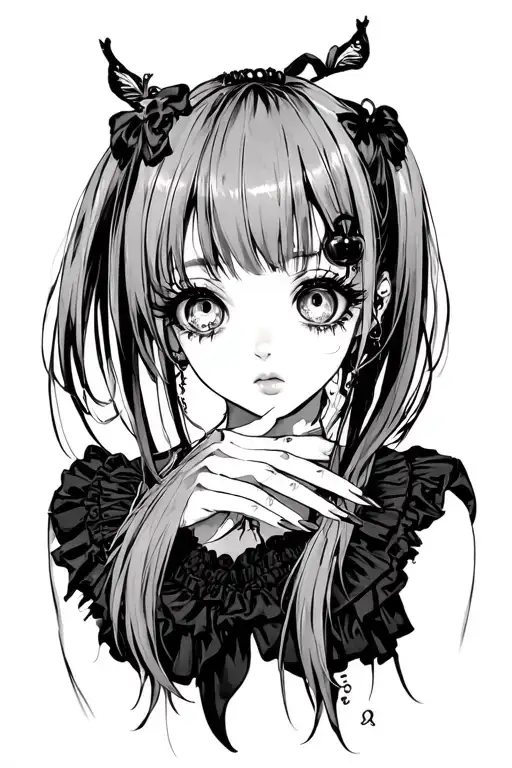 ANIME GOTH GIRL WITH ROLL EYES AND LONG NAILS tattoo design idea