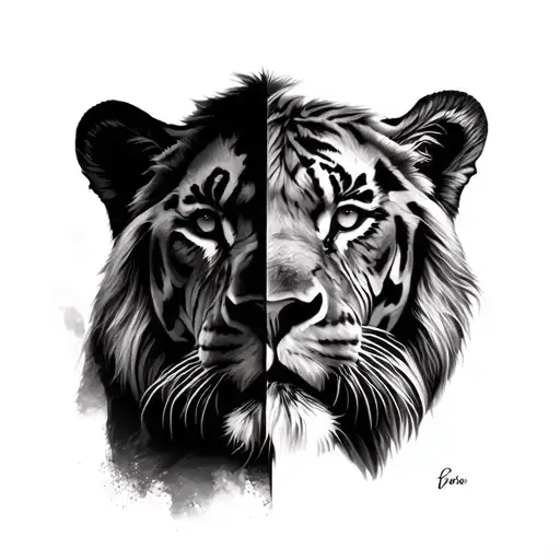 half face realistic lion and half face realistic tiger tattoo design in black and grey tattoo design idea