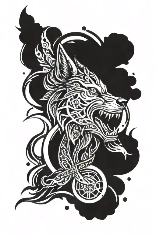 realistic angry wolf tattoo with mystic symbols around his head , outline, white outline, on white background, celtic sy tattoo design idea