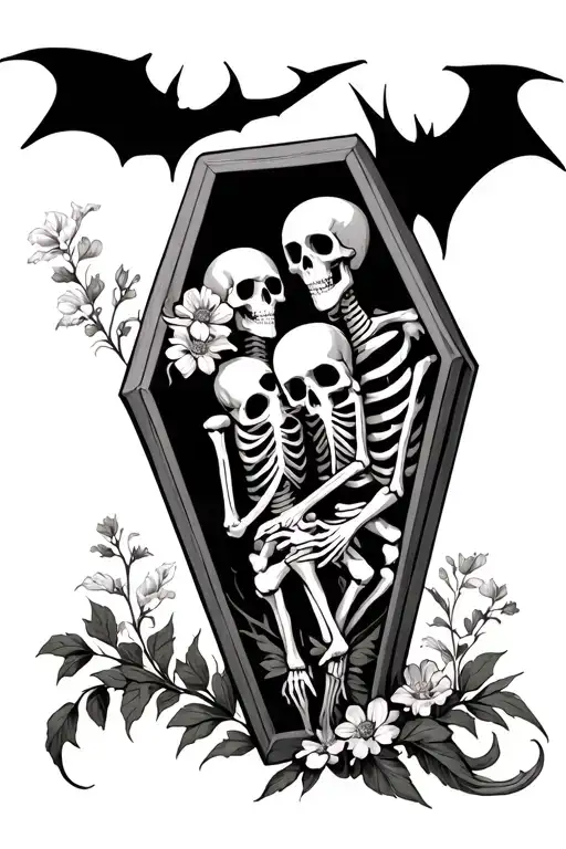 coffin skeletons holding each other flowers tarot card bat tattoo design idea