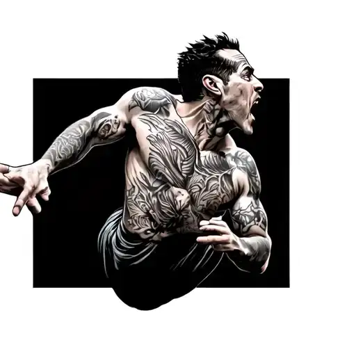 A man in mid‑air freefall with his head tilted back, his face obscured—but his body language unmistakably showing a conf tattoo design idea