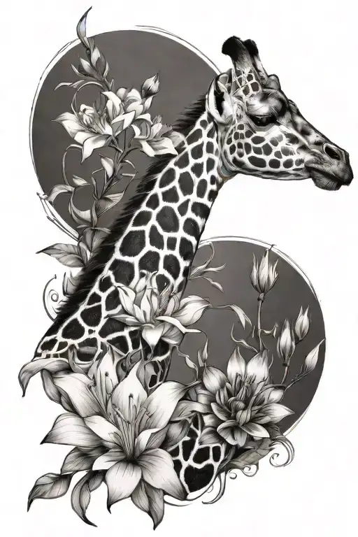 Giraffe with larkspur and water lily tattoo design idea