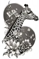 Giraffe with larkspur and water lily tattoo design idea