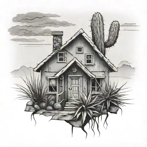 house with cactus breaking out the windows outward  tattoo design idea