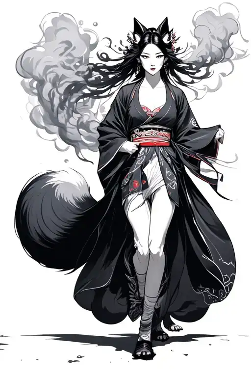 japanese women kitsune walking with smoke anime tattoo design idea