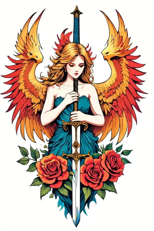 Phoenix with woman holding a sword and roses tattoo design idea