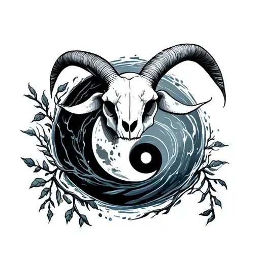 Goat skull- water goat Moon and water- moon affecting water tide Branches vines nature meet water Yin and yang koi fi tattoo design idea