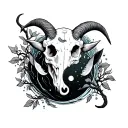 Goat skull- water goat Moon and water- moon affecting water tide Branches vines nature meet water Yin and yang koi fi tattoo design idea