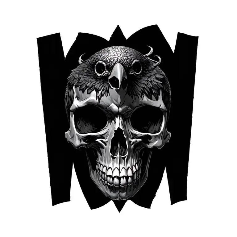 crow skull infused to human skull, phrase memento mori in gothic letters with the first M bigger in size tattoo design idea