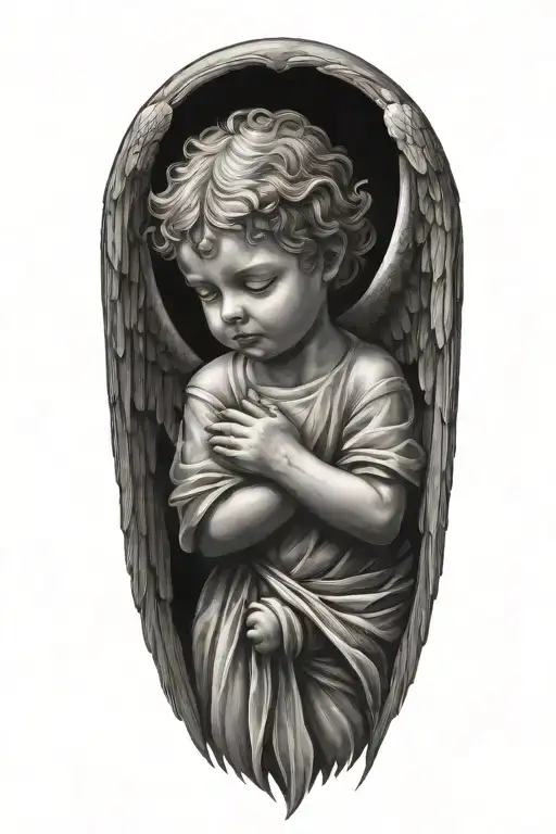 a crying angel is a child made of stone with a fiery sword, many gray shades, soft shadows, smooth transitions tattoo design idea