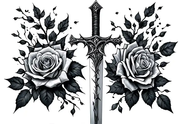 broken Narsil sword with roses and thorns tattoo design idea