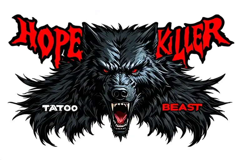one centered black werewolf head with "HOPE KILLER" written above in red and the word "BEAST" written below tattoo design idea