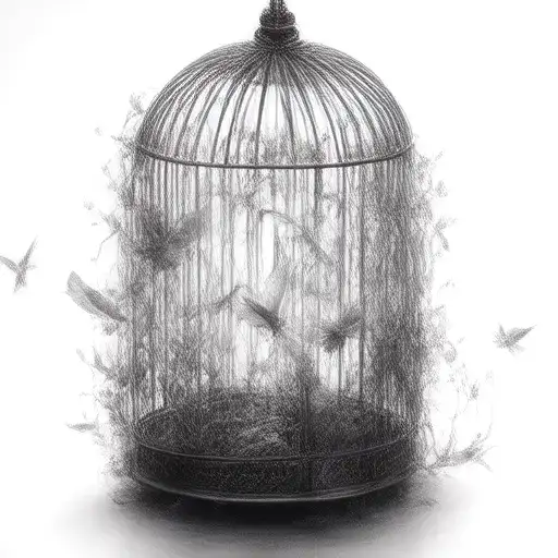 bird cage with open door and three birds flying tattoo design idea