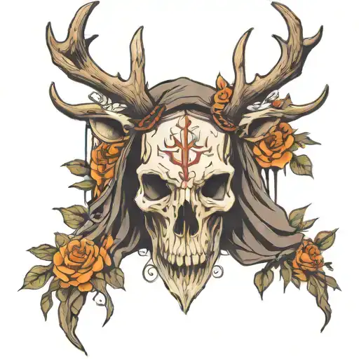 deer skull, cloaked figure tattoo design idea