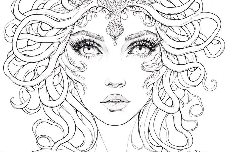 A Medusa with a beautiful and attractive face that has big eyes with long eyelashes and big and beautiful lips. tattoo design idea