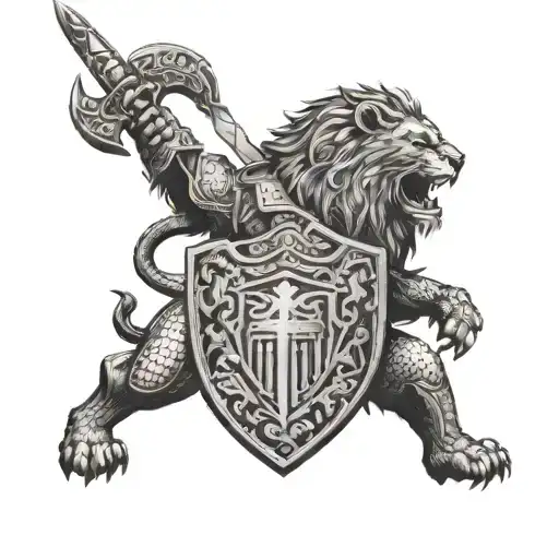 A fierce lion in battle armor, wielding a sword and shield tattoo design idea