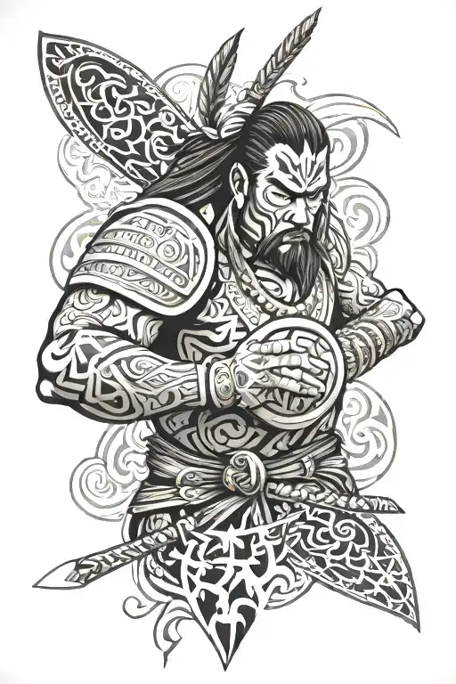 tribal samoan tattoo sleeve that has a samurai incorporated  tattoo design idea