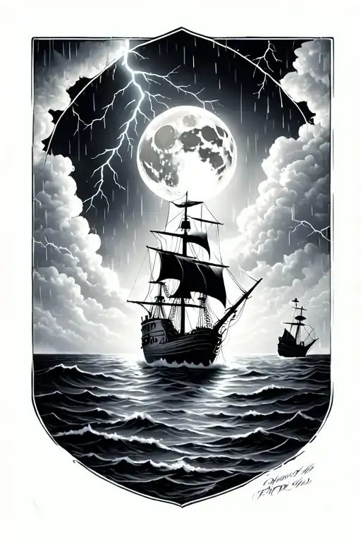 Lightning storm , ocean, full clear  moon, small one pirate ship,  rain clouds, one sinking ship in the distance tattoo design idea