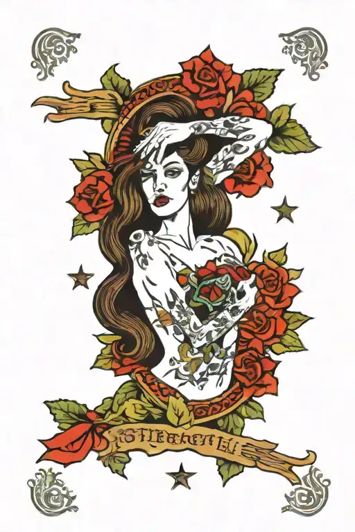 strength tarot card featuring girl and lipn tattoo design idea