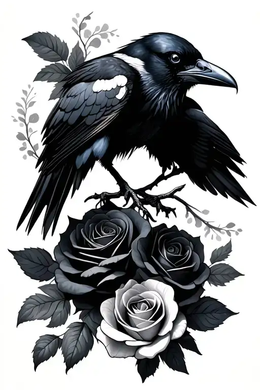 raven and roses tattoo design idea