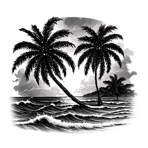 palm trees and waves tattoo design idea