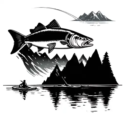 salmon fishing with mountians tattoo design idea