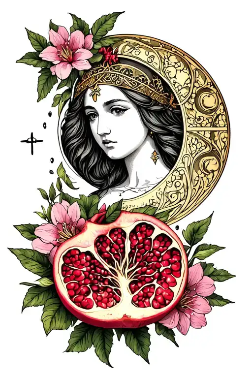 high priestess moon pomegranate flowers Gemini symbol tattoo design idea
