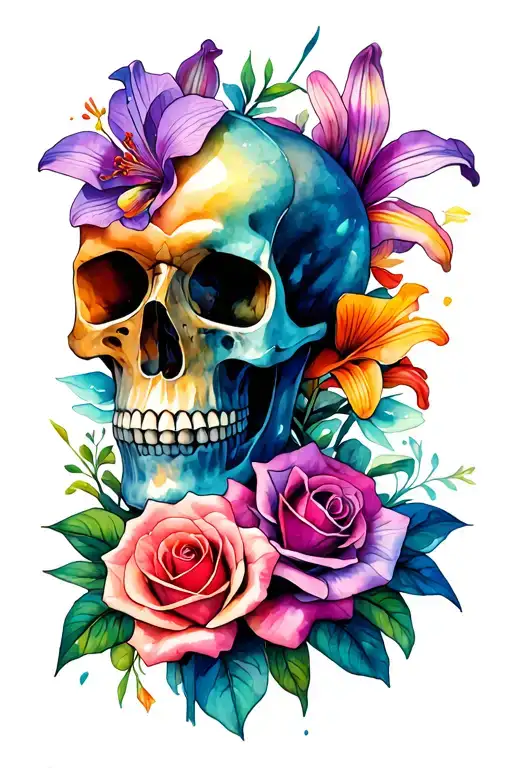 Make an image for tattoo of the Dirac equation along with a skull and lilies, roses and orchids that are various colors. tattoo design idea