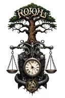 harley knuckleheads engine, tree of life, libra scales, time intertwined tattoo design idea